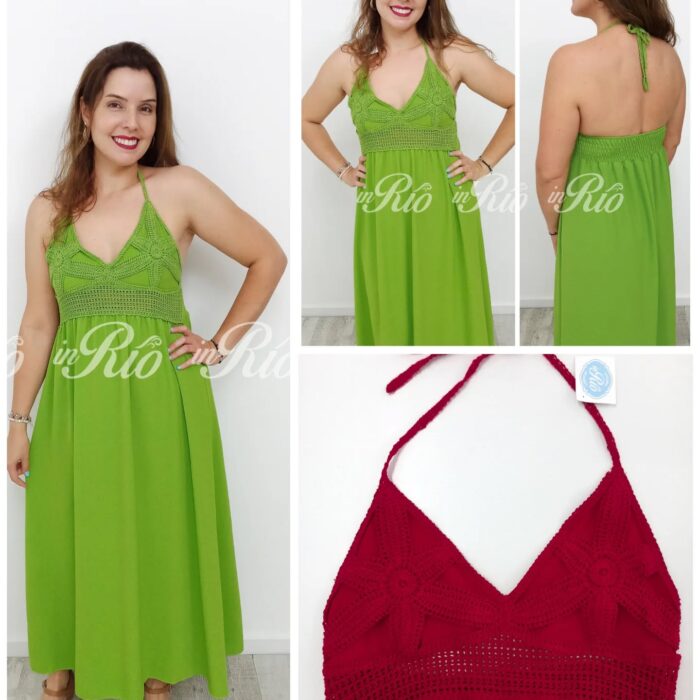 Vestido longo halterneck com busto em crochê