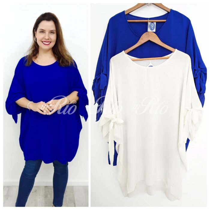 Túnica plus size com abertura e atilhos nas mangas