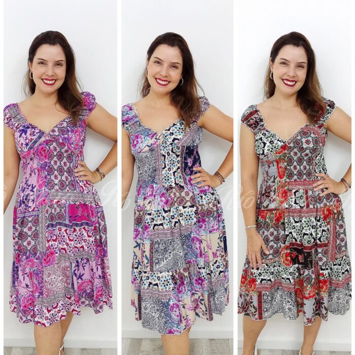 Vestido Midi com padrão Patchwork