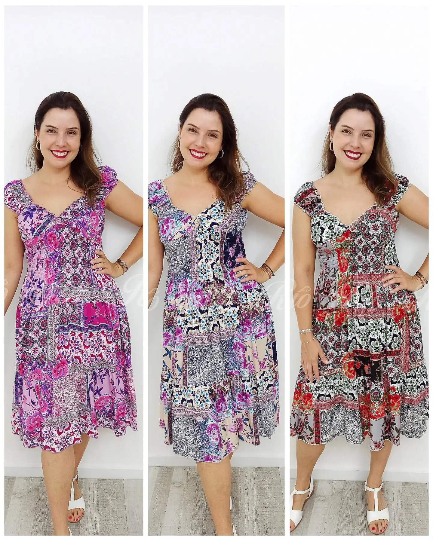 Vestido Midi com padrão Patchwork