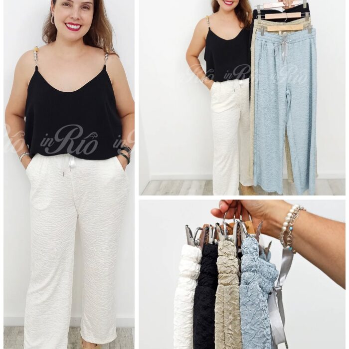 Calças mágicas plus size em tecido texturizado