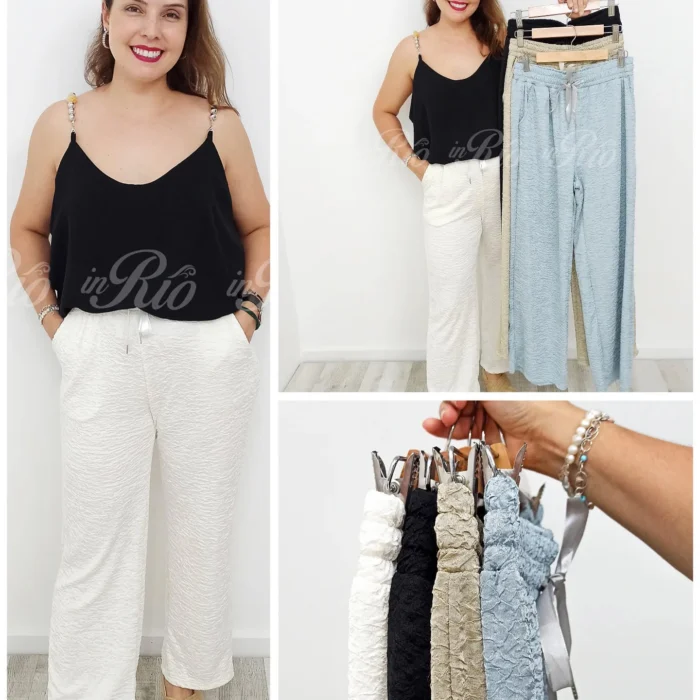 Calças mágicas plus size em tecido texturizado