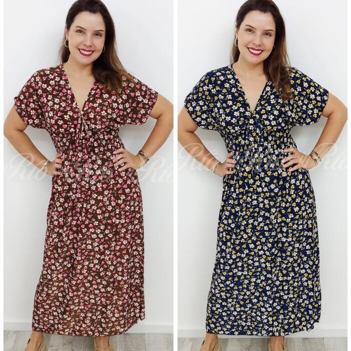 Vestido longo em malha fria com estampa floral