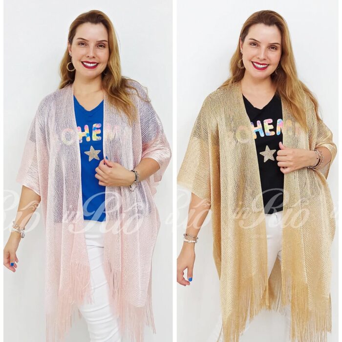 Quimono plus size em rede de fio metalizado