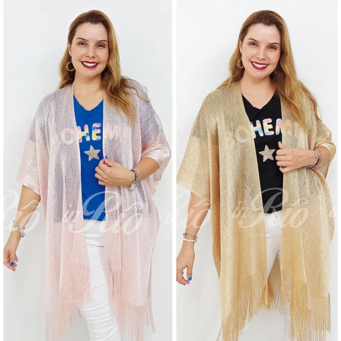 Quimono plus size em rede de fio metalizado