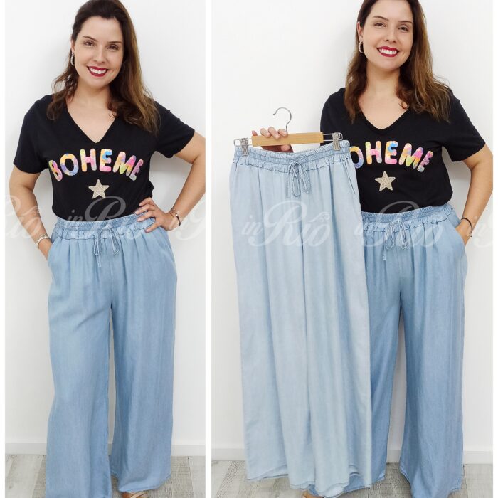 Calça pantalona plus size em tecido tipo ganga fina