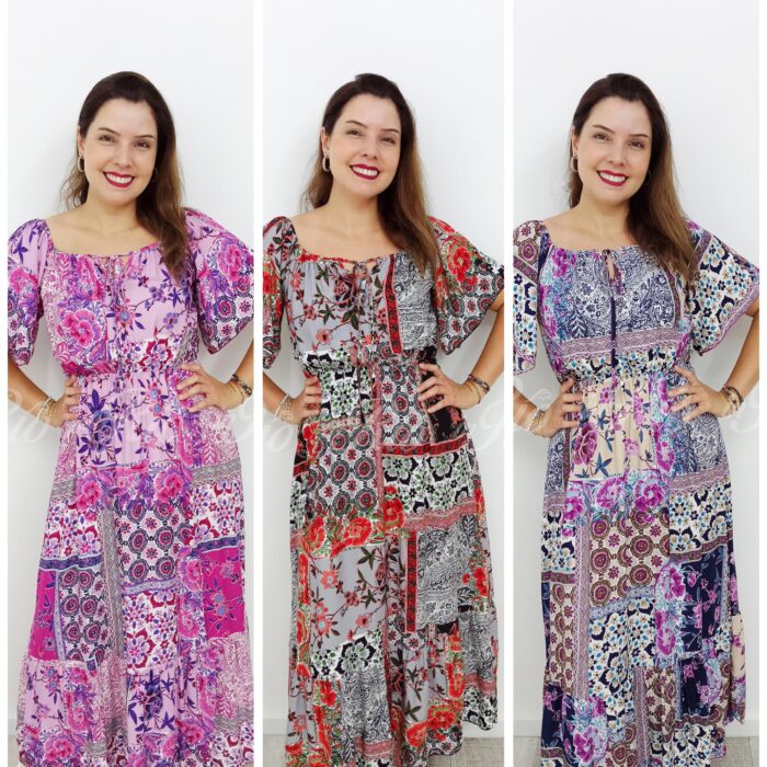 Vestido longo com padrão em patchwork