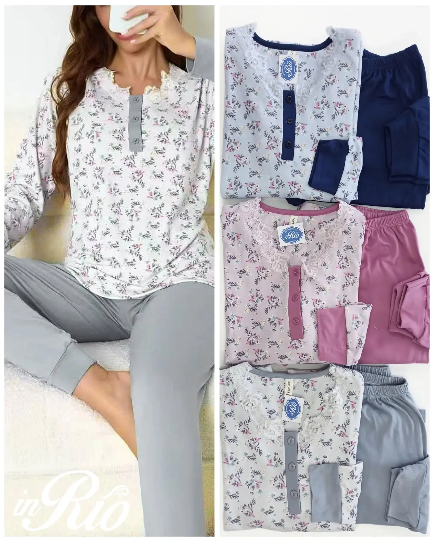 Pijama cardado com rendinha no decote