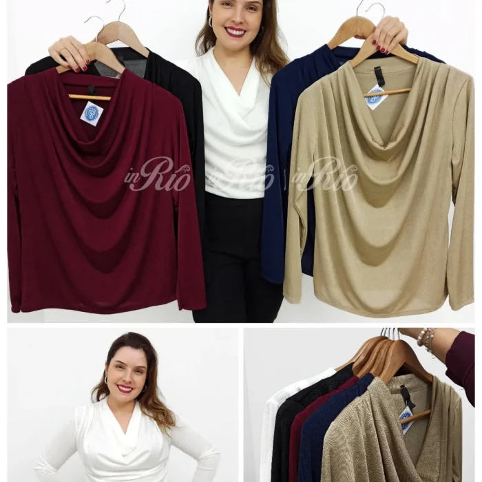 Blusa com efeito brilho e decote drapeado