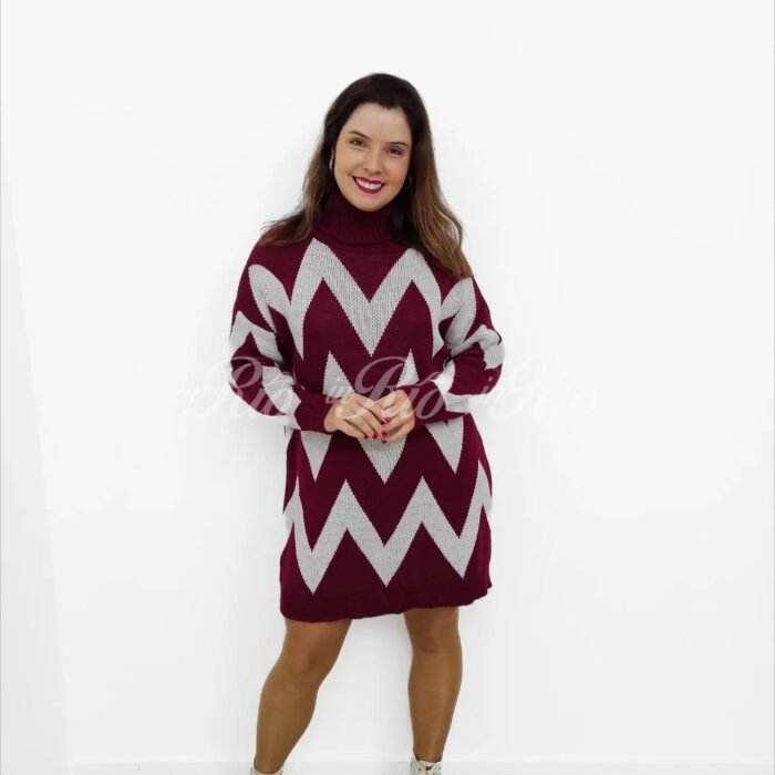 Vestido curto de gola alta em malha com padrão geométrico