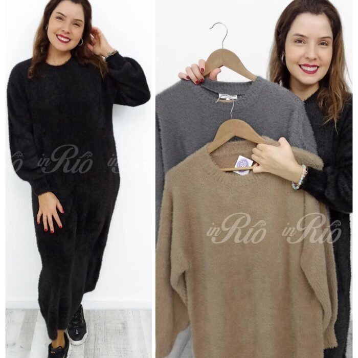Vestido longo oversized em malha de pelinhos