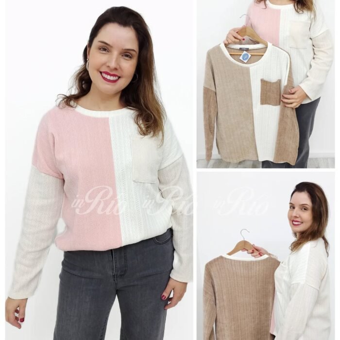 Camisola oversized em chenille tricolor com padrão