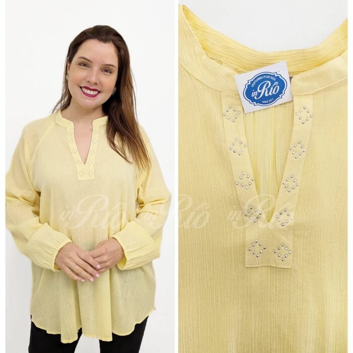 Blusa amarelo pastel com gola Mao e semi transparência