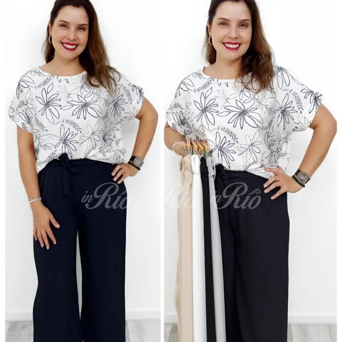  Calça fluída com corte reto, cinta alta e cintura elástica