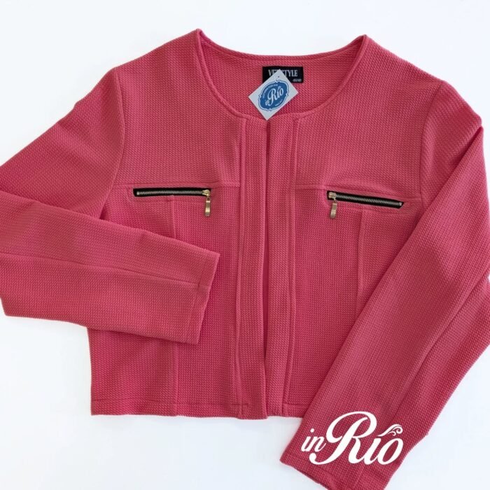  Blazer bolero aberto em tecido texturizado coral