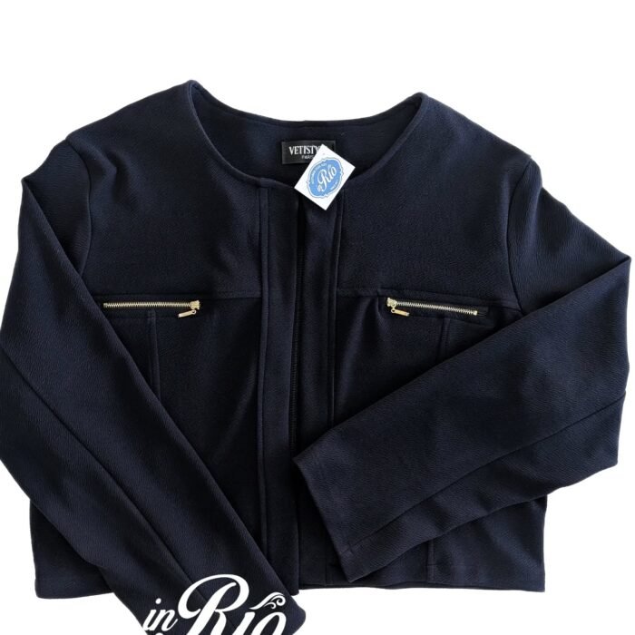  Blazer bolero aberto em tecido texturizado azul escuro