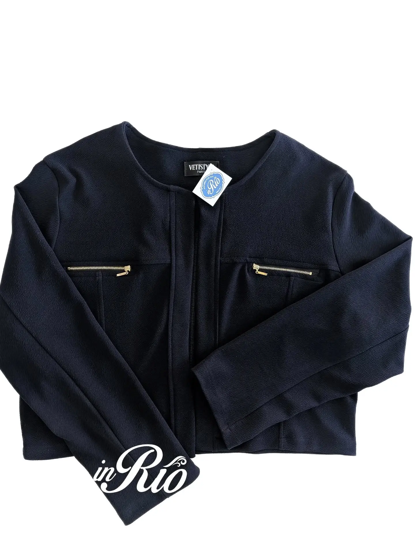  Blazer bolero aberto em tecido texturizado azul escuro - Image 2