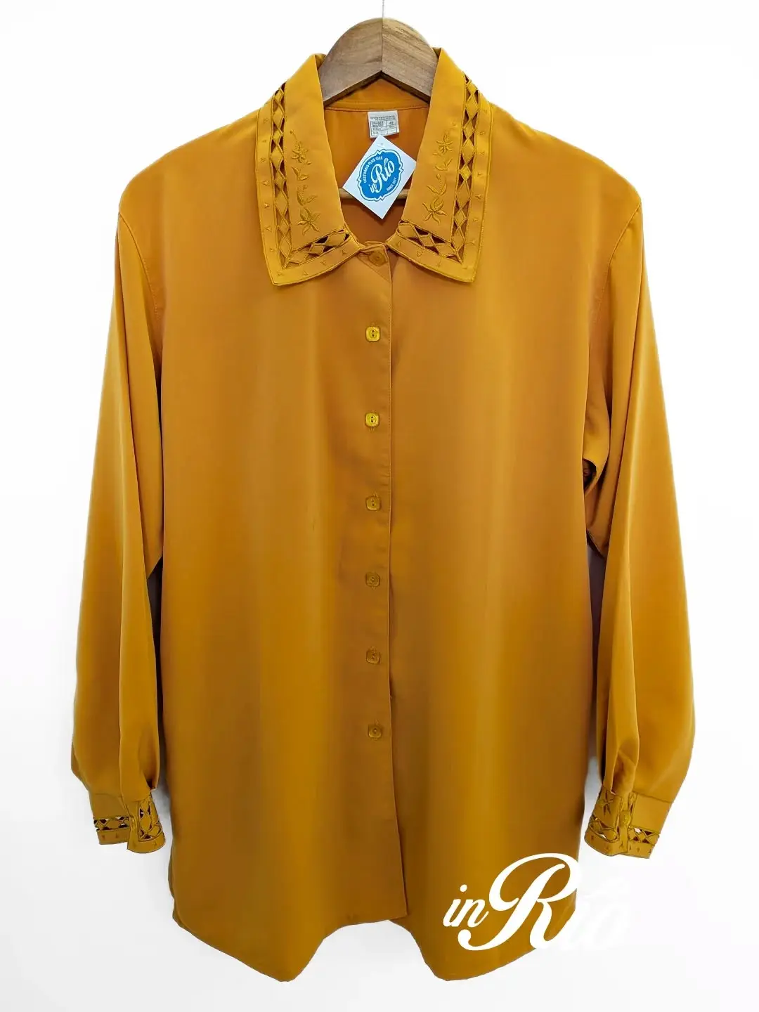 Camiseiro/Túnica mostarda com bordado vazado
