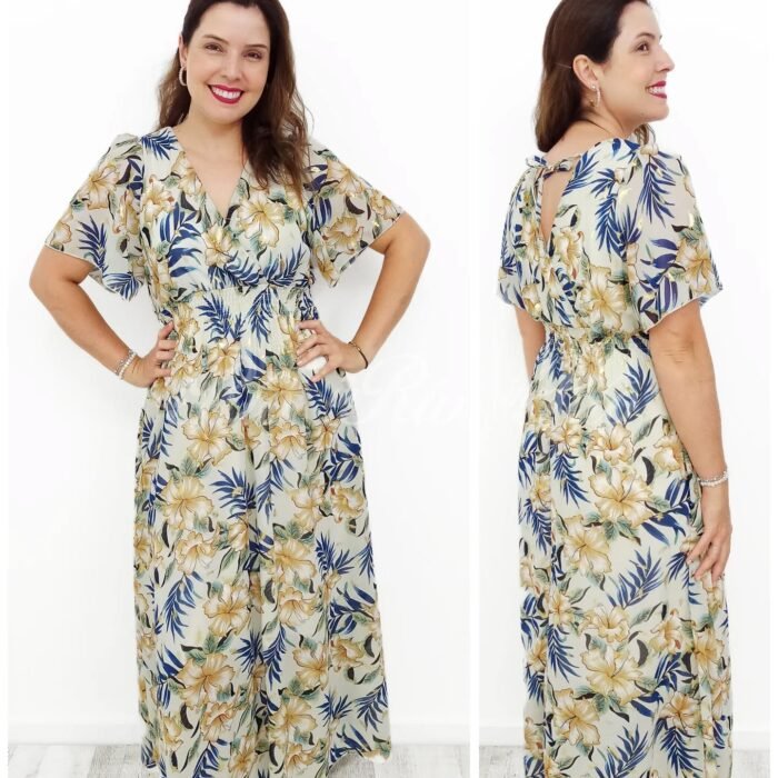 Vestido longo bege com estampado floral e folhas douradas