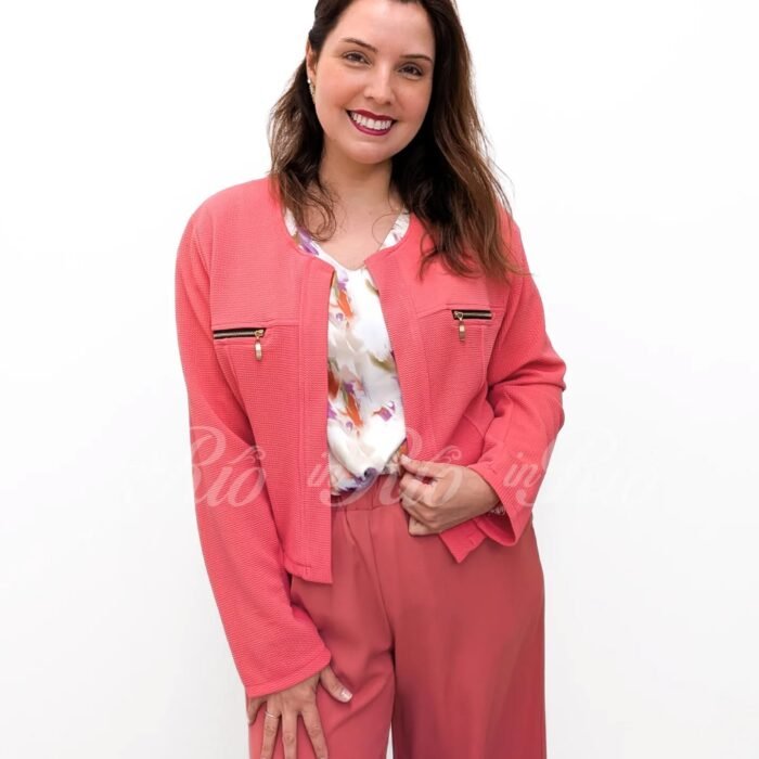  Blazer bolero aberto em tecido texturizado coral