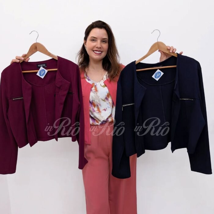  Blazer bolero aberto em tecido texturizado azul escuro