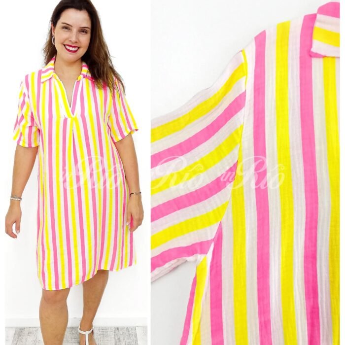 Vestido com listras rosa e amarelo néon