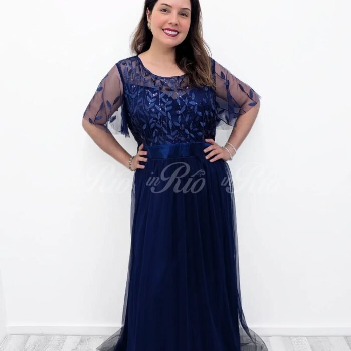 Vestido de cerimónia azul escuro com bordado