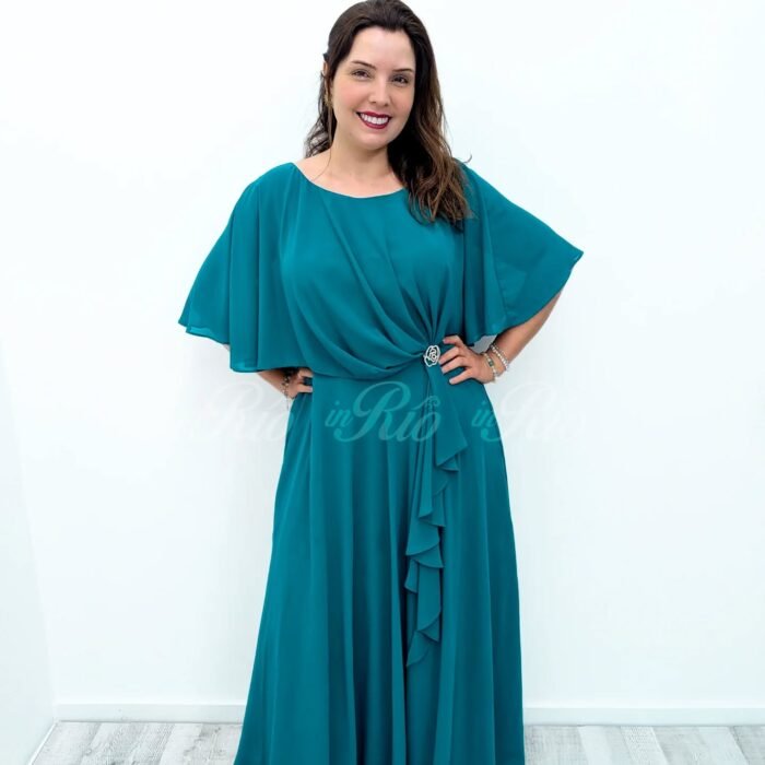 Vestido de cerimónia azul petróleo com drapeado