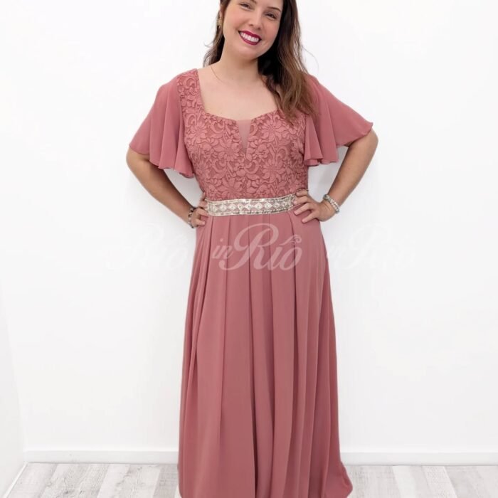 Vestido de cerimónia rosa seco com bordado
