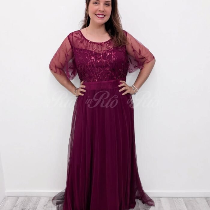 Vestido de cerimónia bordeaux com bordado
